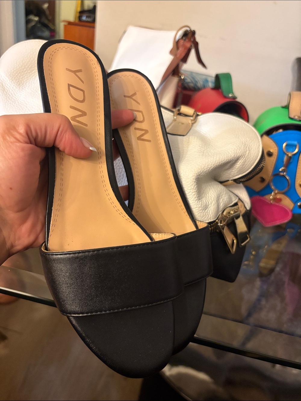 YDN Black Faux-Leather Slide Mules